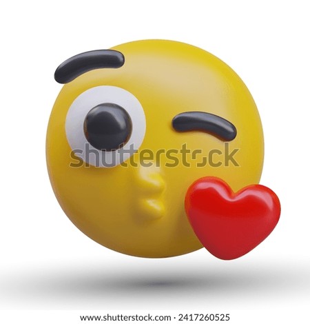 Cute emoticon, closing one eye, sends air kiss. Winking face with red heart. Symbol of love, approval, friendly feelings. 3D isolated vector illustration on white background