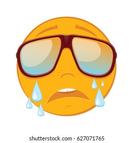 Cute emoticon crying  in a sunglasses on white background. Vector illustration.