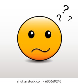 Cute emoticon with doubts and question marks above his head. Vector emoji smiley