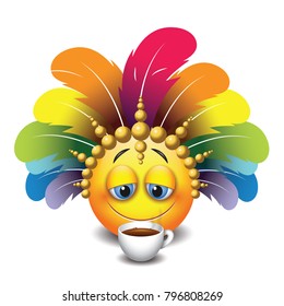 Cute emoticon drinking coffee - isolated on white background with carnival headdress -emoji - smiley - vector illustration