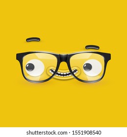 Cute emoticon face with eyeglasses on yellow background, vector illustration