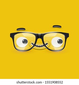 Cute emoticon face with eyeglasses on yellow background, vector illustration