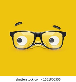 Cute emoticon face with eyeglasses on yellow background, vector illustration