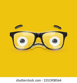Cute emoticon face with eyeglasses on yellow background, vector illustration