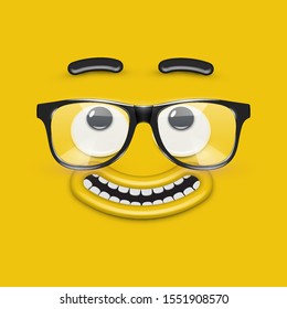 Cute emoticon face with eyeglasses on yellow background, vector illustration