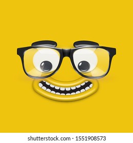 Cute emoticon face with eyeglasses on yellow background, vector illustration