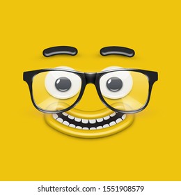 Cute emoticon face with eyeglasses on yellow background, vector illustration