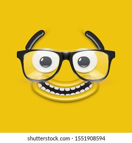 Cute emoticon face with eyeglasses on yellow background, vector illustration