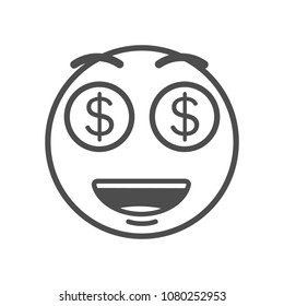 Cute emoticon hypnotized with money. Vector smiley emoji outline icon for all money and wealth concepts	