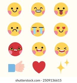 Conjunto De Elementos De Ilustração Emoticon Bonito. Adequado para ilustração gráfica de design plano, clip-art, cartazes, adesivos, cartões, etc