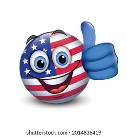 Emoticono lindo aislado en fondo blanco con el motivo de la bandera de los Estados Unidos de América y el dedo arriba - ilustración vectorial