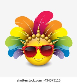 Emotócono corto aislado en fondo blanco con gafas de sol rojas y dirección de carnaval - carnaval sonriente - ilustración vectorial