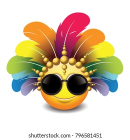 Cute emoticon isolated on white background wearing circle black sunglasses and carnival headdress -emoji - smiley - vector illustration