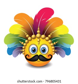 Cute emoticon isolated on white background with mustache and carnival headdress -emoji - smiley - vector illustration