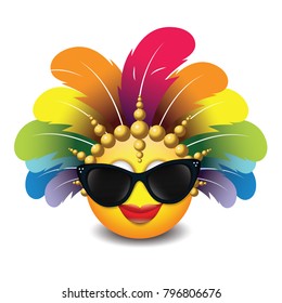 Cute emoticon isolated on white background with sunglasses and carnival headdress -emoji - smiley - vector illustration
