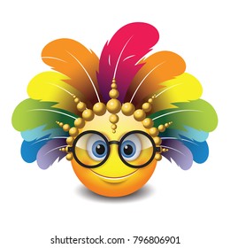 Cute emoticon isolated on white background with circle eyeglasses and carnival headdress -emoji - smiley - vector illustration