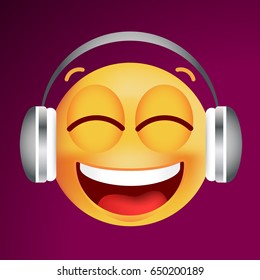 Cute Emoticon Listen Music on Dark Background. Isolated Vector Illustration 
