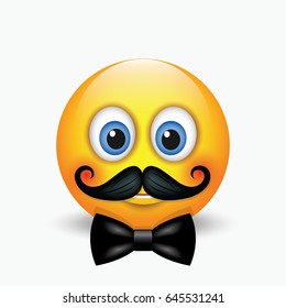 Cute Emoticon With A Mustache And Black Bow - Emoji - Vector Illustration