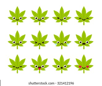 Cute emoticon set: adorable cartoon cannabis leaf with different emotions. Flat vector illustration.