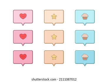 Cute emoticon speech bubble, little pictogram, social media message, emoji face icons. Happy emoticon - heart, star and cupcake. Vector elements.