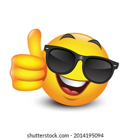 Cute emoticon with sunglasses and thumb up, emoji - vector illustration