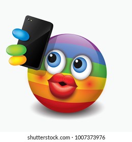 Cute emoticon taking selfie with his smartphone, emoji, smiley - vector illustration