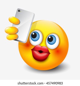 Cute emoticon taking selfie with his smartphone, emoji, smiley - vector illustration