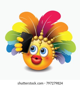 Cute emoticon taking selfie with his smartphone isolated on white background with carnival headdress motive - smiley - vector illustration