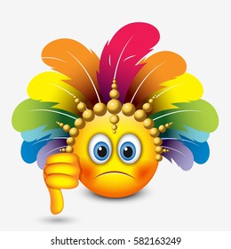 Cute emoticon with thumb down wearing carnival headdress - emoji - vector illustration