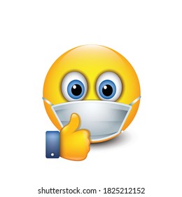 Cute emoticon thumb up wearing surgical mask vector illustration
