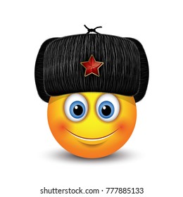 Cute emoticon wearing Russian black fur hat - ushanka - with a red star - emoji, smiley - vector illustration