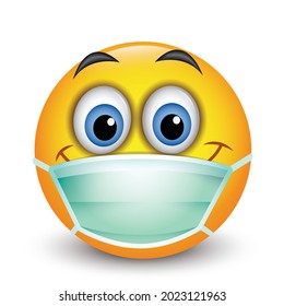 Cute Emoticon Wearing Surgical Mask - Emoji - Vector Illustration