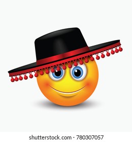 Cute emoticon wearing traditional Spanish hat - Flamenco hat - emoji, smiley - vector illustration isolated on white background