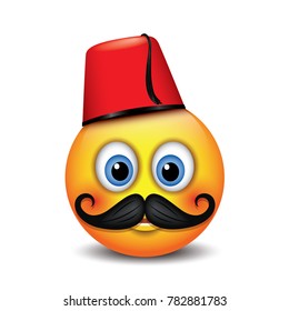 Cute emoticon wearing Turkish Fez hat and mustache- vector illustration - Turkey