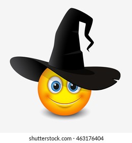 Cute emoticon wearing witch hat - smiley, emoji - vector illustration