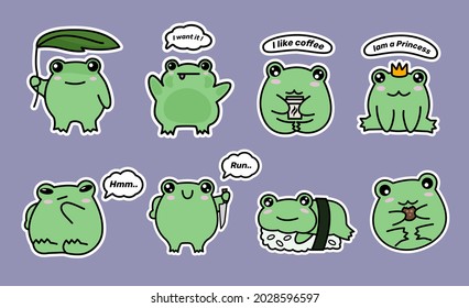 Cute emoticons character cartoon frog stickers emoticons with different emotions. Green frog. Vector illustration. 1 pack