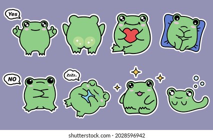 Cute emoticons character cartoon frog stickers emoticons with different emotions. Green frog. Vector illustration. 2 set