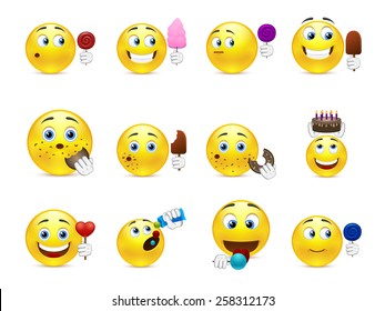 Cute emoticons with different sweet snacks in hand and not only