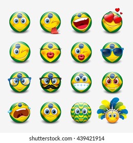 Cute emoticons set with Brazil flag motive, emoji - smiley - vector illustration