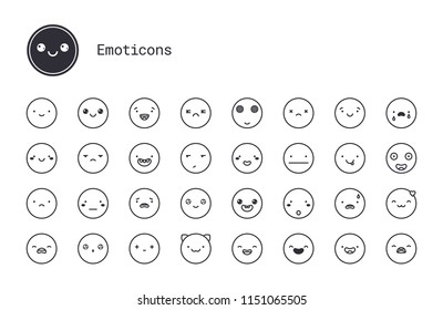 Cute emoticons thin line icons. Vector set of modern linear style smiley symbols. Simple Illustration of varied people face expressions for blogs, social networks, messenger apps, mobile and web chats