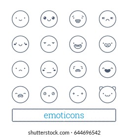 Cute emoticons thin line icons. Vector set of modern linear style smiley symbols. Simple Illustration of varied people face' expressions for social networks, messenger apps, mobile and web chats.