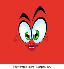 Cute emotion with big eyes and pouting lips on a red background. Vector 