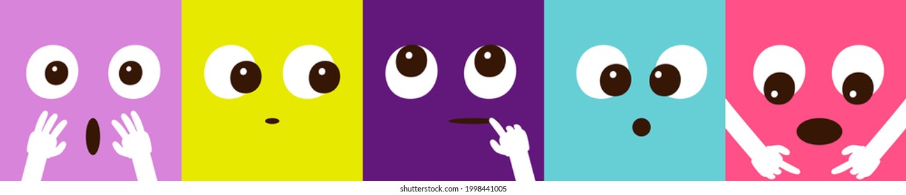 Cute emotion faces. Cartoon avatars, abstract characters thinking, surprised and sad vector set