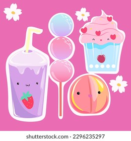 Cute emotion  food set vector. Kawaii pink sticker cake, strawberry, candy, peach 