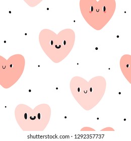 Cute emotion hearts seamless pattern. Flat style vector background lovely emoticons. Doodle kawaii face, sweet and childlike manga cartoon style. Vector love texture for valentine day or wedding