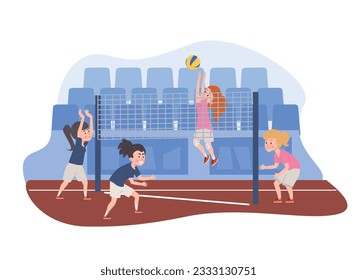 Cute emotional child girls playing volleyball at stadium flat style, vector illustration isolated on white background. Decorative design element, sport game and competition, kid's leisure