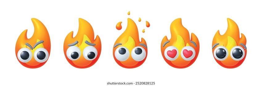 Cute emotional fires 3d icons. Red flames faces with eyes. Fire in love surprised angry sad. Different emotions, cartoon render realistic vector elements