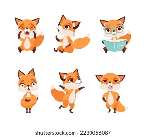 Cute emotional fox cub in different activities set cartoon vector illustration