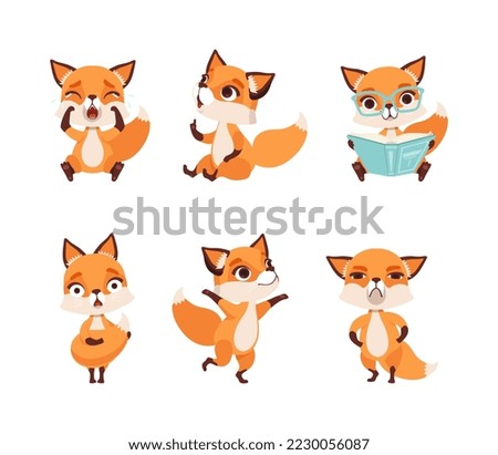 Cute emotional fox cub in different activities set cartoon vector illustration