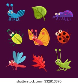 Cute Emotional Insects and Leaves. Vector Illustration Set